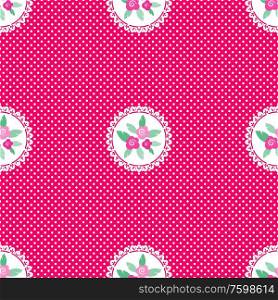 Pink white polka dot seamless jpeg pattern with floral elements