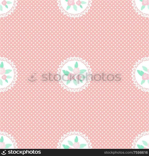 Pink white polka dot seamless jpeg pattern with floral elements