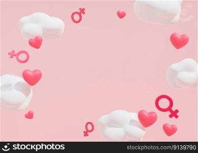 Pink Woman&rsquo;s Day background with copy space for text, advertising. Hearts, clouds and female gender signs. Levitation. 3D rendering. Pink Woman&rsquo;s Day background with copy space for text, advertising. Hearts, clouds and female gender signs. Levitation. 3D rendering.