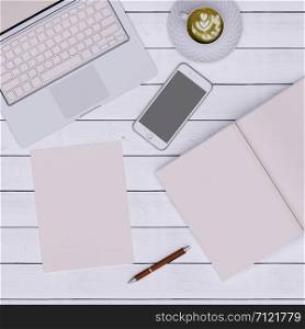 pink working space with notebook paper coffee and phone for mock up ,copy space ,3d rendering
