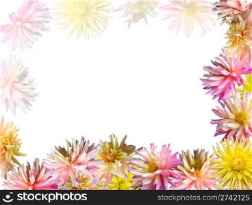 Pink-yellow Dahlia flowers set corner frame (isolated on white)