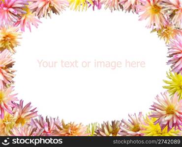 Pink-yellow Dahlia flowers set mould heart shape frame (isolated on white, 4 to 3 side proportions)