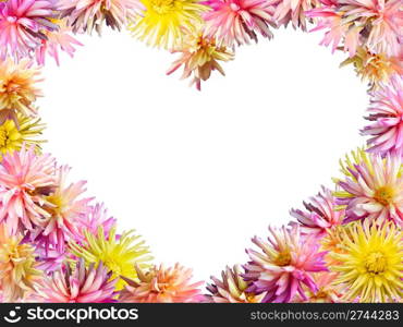 Pink-yellow Dahlia flowers set mould heart shape frame (isolated on white, 4 to 3 side proportions)