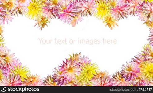 Pink-yellow Dahlia flowers set mould two heart shapes frame (isolated on white, wide monitors side proportions)