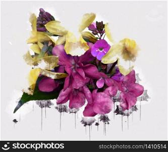 Pink Yellow Purple Flowers. Beautiful Luxurious flower painted in watercolor style. Artistic plum blossom. Flowers illustration Abstract canvas painting. Full of romance. Use for Wedding decoration