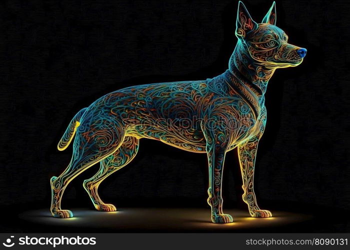 Pinscher dog in creative rainbow neon. Neural network AI generated art. Pinscher dog in creative rainbow neon. Neural network AI generated