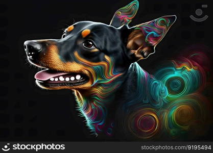 Pinscher dog in creative rainbow neon. Neural network AI generated art. Pinscher dog in creative rainbow neon. Neural network AI generated