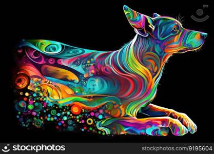 Pinscher dog in creative rainbow neon. Neural network AI generated art. Pinscher dog in creative rainbow neon. Neural network AI generated