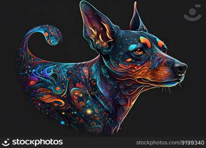 Pinscher dog in creative rainbow neon. Neural network AI generated art. Pinscher dog in creative rainbow neon. Neural network AI generated