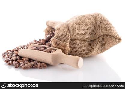 Pinto beans bag with wooden scoop on white background.