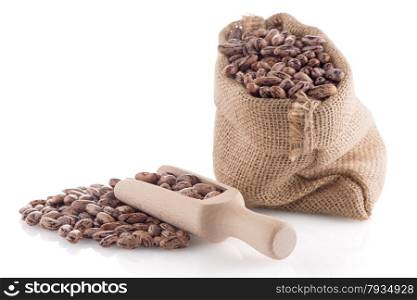 Pinto beans bag with wooden scoop on white background.