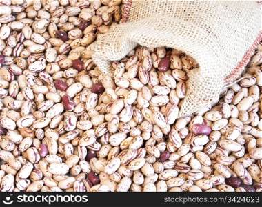 Pinto beans in small bag on pinto beans background