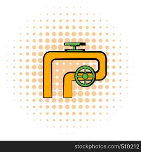 Pipeline with valve and handwheel icon in comics style on a white background. Pipeline with valve and handwheel icon