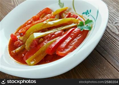 Piperade - typical Basque dish prepared with onion, green peppers, and tomatoes