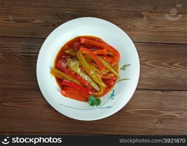 Piperade - typical Basque dish prepared with onion, green peppers, and tomatoes