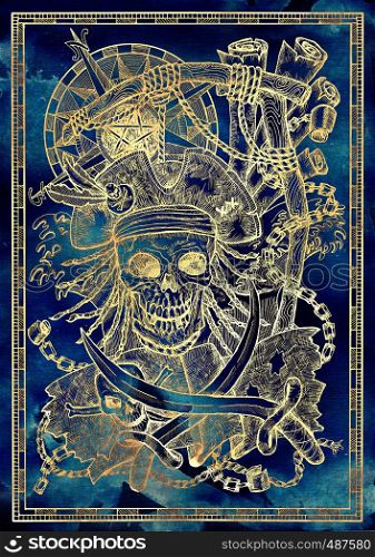 Pirate captain skull with rope on gallows, Jolly Roger flag and sabre on blue tetxure. Graphic illustration with adventure concept in vintage style, old transportation background