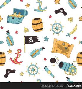 Pirate marine vector seamless pattern. Pirate flag, map, compass, anchor,treasure on a white background.