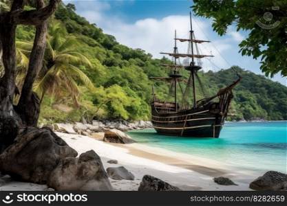 Pirate ship at beach. Sea tropical island. Generate Ai. Pirate ship at beach. Generate Ai