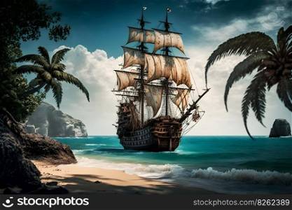 Pirate ship at the open sea close to rocks and small island with palms. Neural network AI generated art. Pirate ship at the open sea close to rocks and small island with palms. Neural network generated art