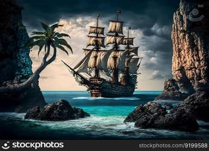Pirate ship at the open sea close to rocks and small island with palms. Neural network AI generated art. Pirate ship at the open sea close to rocks and small island with palms. Neural network generated art