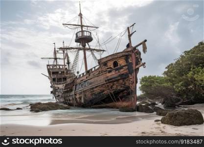 pirate ship, deserted and decaying on deserted island, created with generative ai. pirate ship, deserted and decaying on deserted island