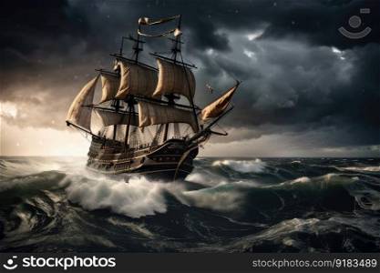 pirate ship on stormy sea, with lightning and thunder in the background, created with generative ai. pirate ship on stormy sea, with lightning and thunder in the background