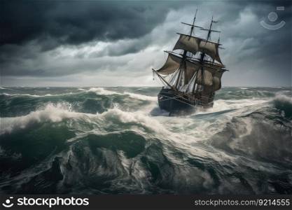 pirate ship on stormy sea, with waves crashing against the hull, created with generative ai. pirate ship on stormy sea, with waves crashing against the hull