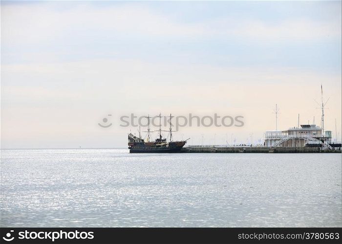 pirate ship on the water of Baltic Sea, big tourist attraction of Tri city in Poland