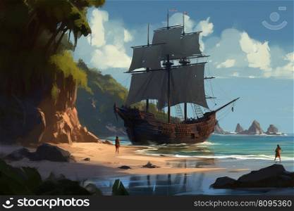 Pirate ship on tropical beach. Sand travel. Generate Ai. Pirate ship on tropical beach. Generate Ai