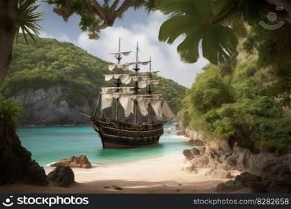 Pirate ship on tropical beach. Sand vacation. Generate Ai. Pirate ship on tropical beach. Generate Ai