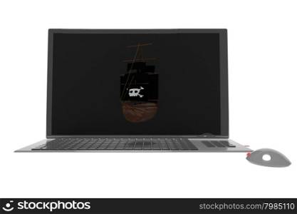 Pirate ship over screen of a laptop, 3d render, horizontal image