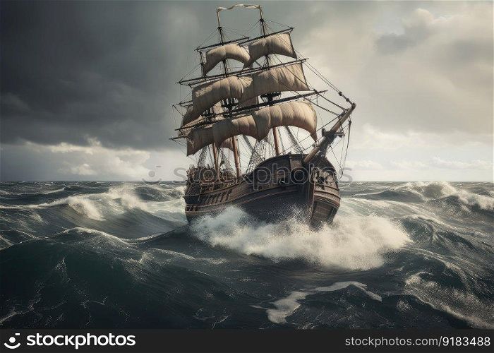 pirate ship sailing on stormy sea, with waves crashing against the hull, created with generative ai. pirate ship sailing on stormy sea, with waves crashing against the hull
