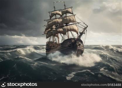 pirate ship sailing on stormy sea, with waves crashing against the hull, created with generative ai. pirate ship sailing on stormy sea, with waves crashing against the hull