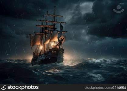 pirate ship sailing through stormy sea, with lightning striking the water, created with generative ai. pirate ship sailing through stormy sea, with lightning striking the water