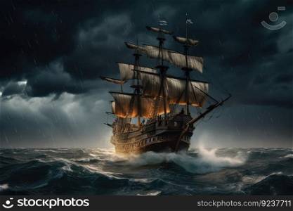 pirate ship sailing through stormy seas, with lightning and thunder in the background, created with generative ai. pirate ship sailing through stormy seas, with lightning and thunder in the background