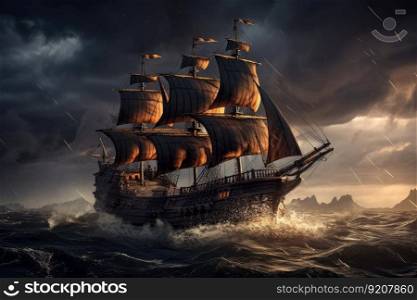 pirate ship sailing through stormy waters, with lightning flashing in the sky, created with generative ai. pirate ship sailing through stormy waters, with lightning flashing in the sky