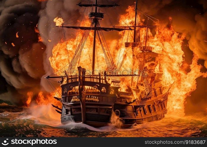pirate ship surrounded by flames, roaring fire in the middle of battle, created with generative ai. pirate ship surrounded by flames, roaring fire in the middle of battle