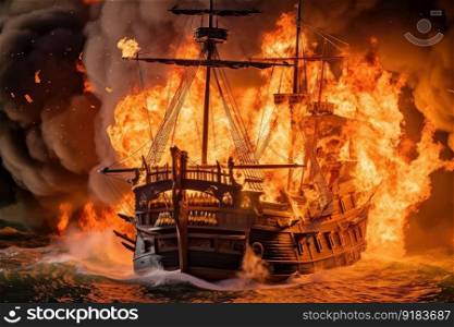 pirate ship surrounded by flames, roaring fire in the middle of battle, created with generative ai. pirate ship surrounded by flames, roaring fire in the middle of battle