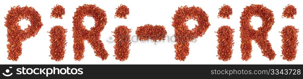 piri-piri written with piri piri chilli peppers (isolated on white background)