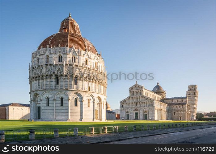 Pisa Baptistery, the Pisa Cathedral and the Tower of Pisa,Unesco world heritage site. They are located in the Piazza dei Miracoli (Square of Miracles) in Pisa, Italy.