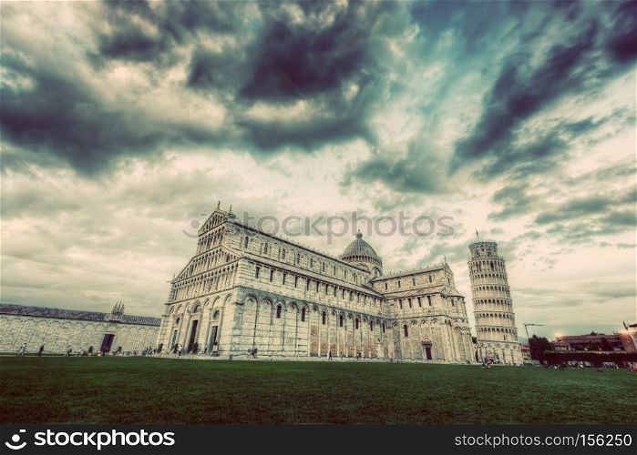Pisa Cathedral with the Leaning Tower of Pisa, Tuscany, Italy. Popular European landmark. Vintage. Pisa Cathedral with the Leaning Tower of Pisa, Tuscany, Italy. Vintage