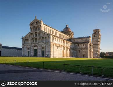 Pisa,Piazza dei Miracoli (Square of Miracles), with the Cathedral and the leaning tower, Unesco world heritage site,Italy.