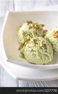 Pistachio ice cream in the bowl