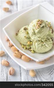 Pistachio ice cream in the bowl