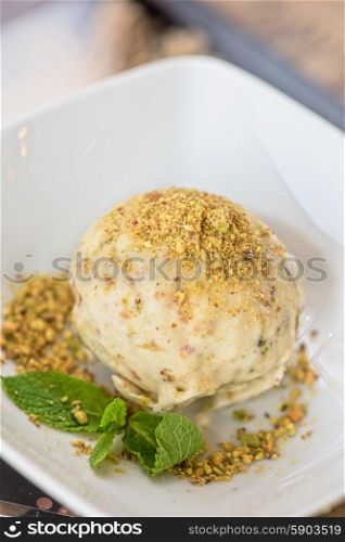 pistachio ice cream. pistachio ice cream in plate