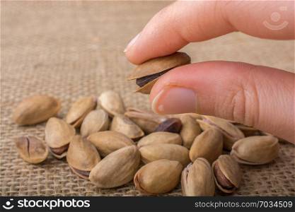 Pistachio in hand on a linen canvas background