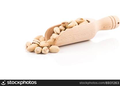 pistachio nut in scoop close up on white background isolated