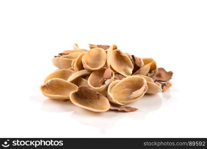 pistachio nut shell close up on white background isolated