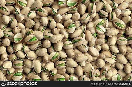 Pistachio seed background as a bulk group of naturally opened seeds representing a healthy snack and nutritious source of protein.
