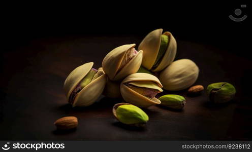 Pistachios on dark background. Nuts. Green fresh inshell pistachios. Generative AI.. Pistachios on dark background. Nuts. Green fresh inshell pistachios. Generative AI